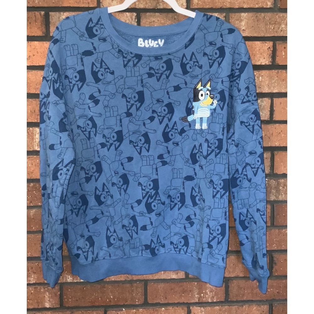 Bluey Womens All Over Print Blue Fleece Sweatshirt Embroidered Patch‎ Size M